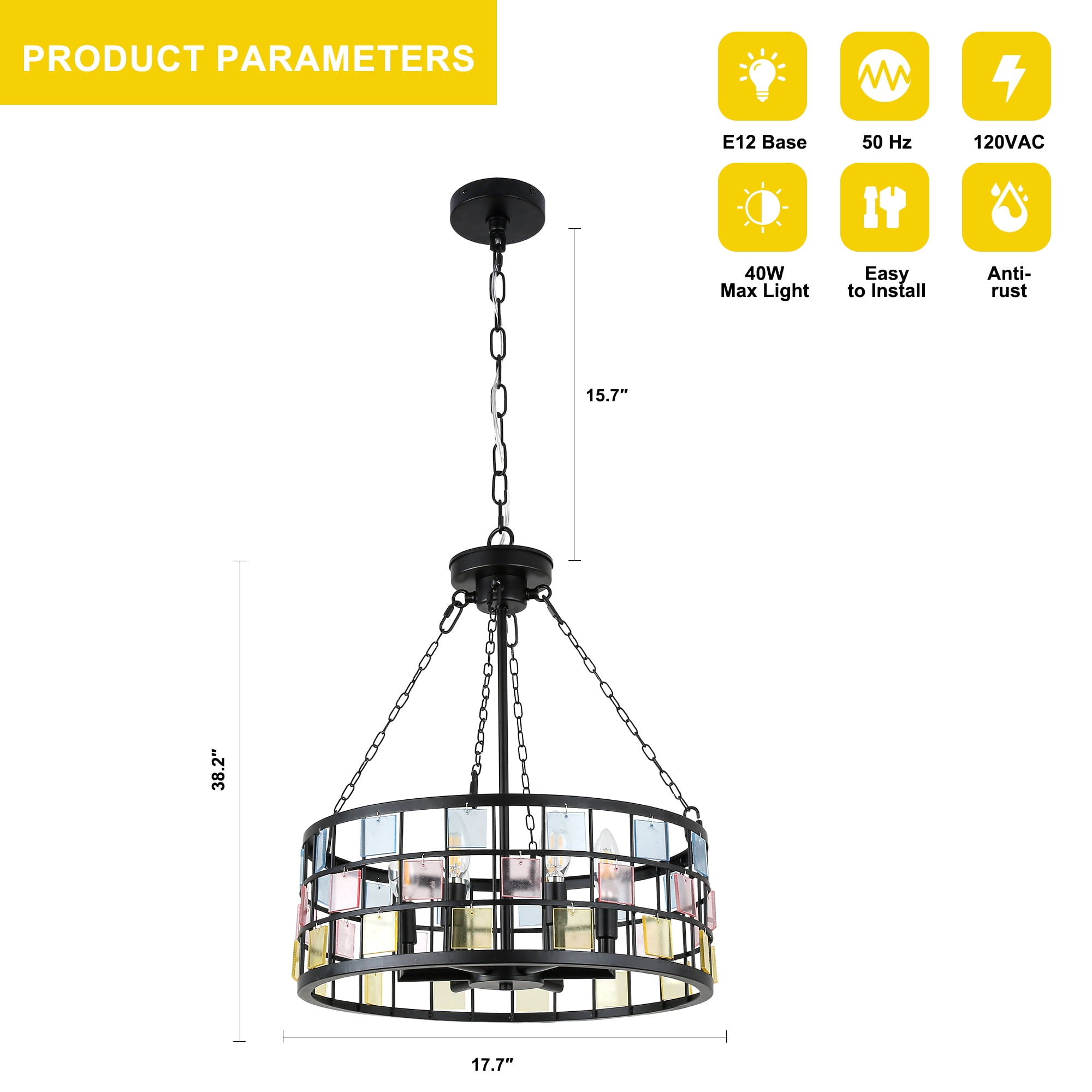 Chords Attic 17" Vintage Church Candle Style Chnadelier Adjustable Hanging Pendant Light Fixture for Livingg Room, dining Room