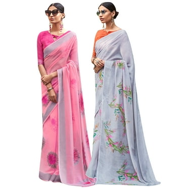 Pack of Two Saree for Women Printed Cotton Silk Indian Wedding Sari | Diwali Gift Ethnic Sarees Combo
