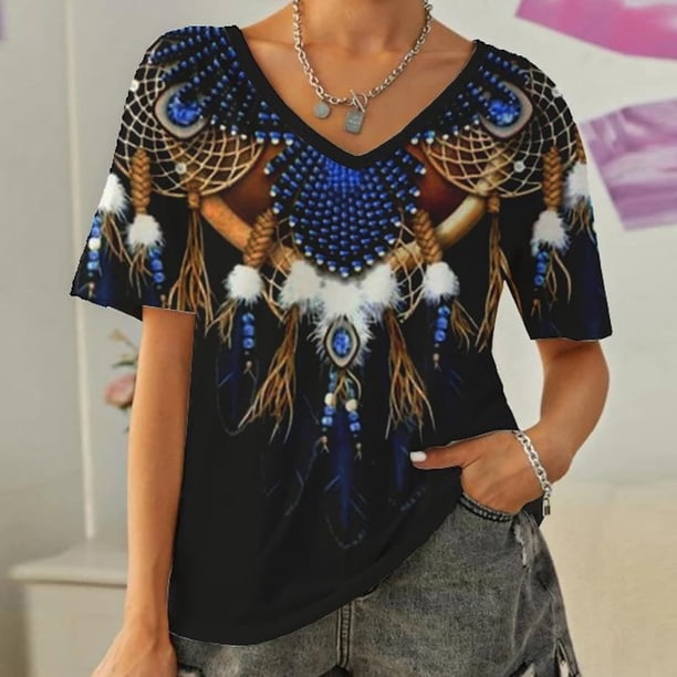 Puntoco 2024, tops a la moda de verano para mujer, camiseta informal de estilo étnico con estampado de plumas, camisetas de manga corta con cuello en V, holgadas