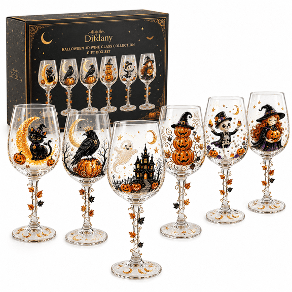 Halloween 3D Stemmed Wine Glass Gift Box Set, Gothic Pumpkin Witch Wine Glass Collection, Spooky Party Decoration Drinkware for Halloween Celebration,1PCS