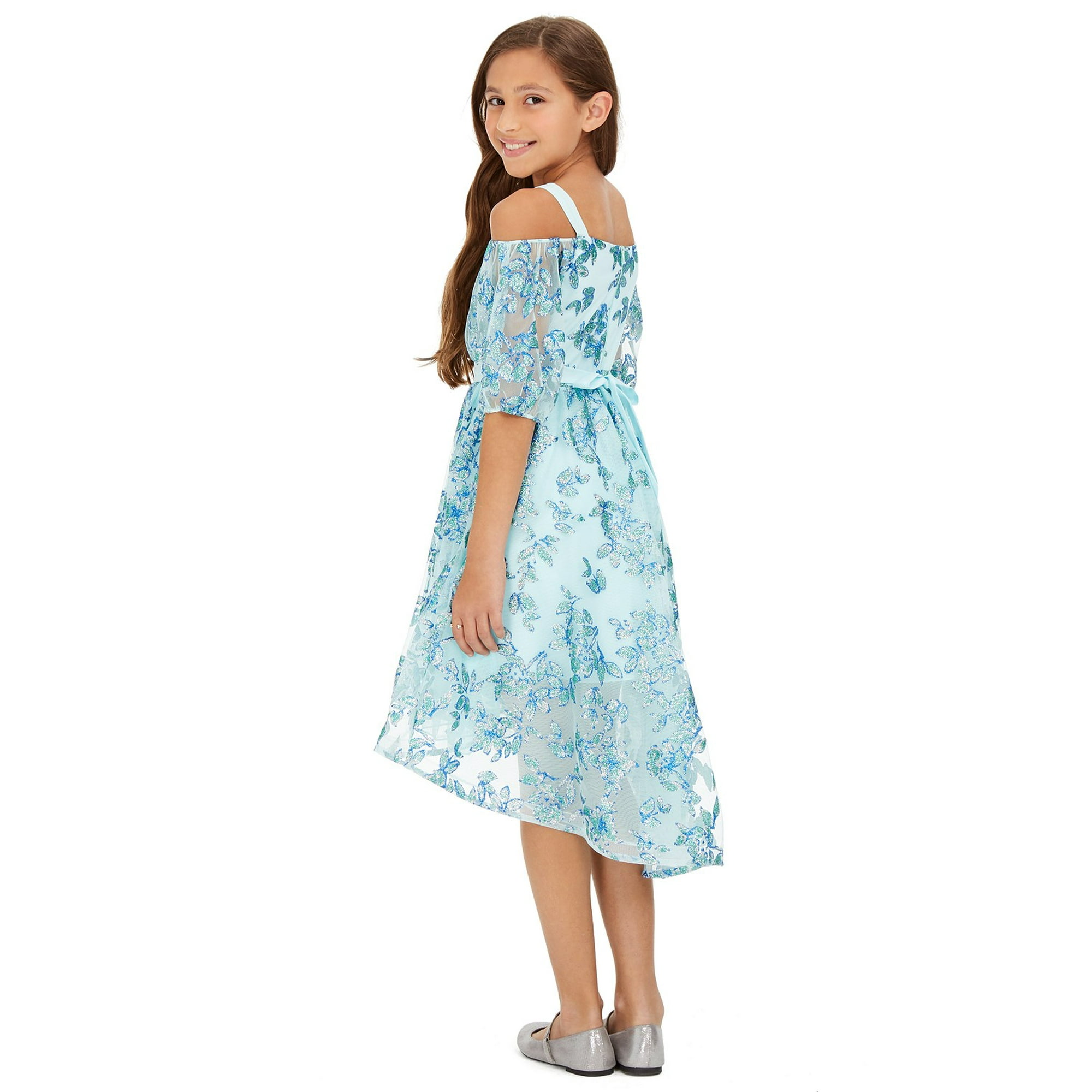 Sequin Hearts Big Girls Cold Shoulder Metallic Butterfly Dress Turquoise 12