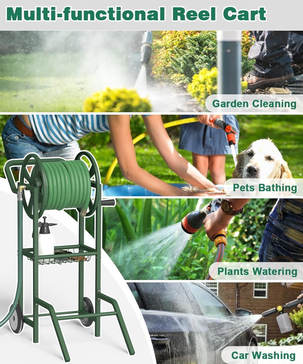 Hose Reel Cart with 2 Wheels, Garden Water Hose Holder Heavy Duty Powder Coated Steel Outdoor Winder Storage Holds 125 ft 5/8" Hoses with Basket and 3.9ft Leader Hose for Backyard, Green