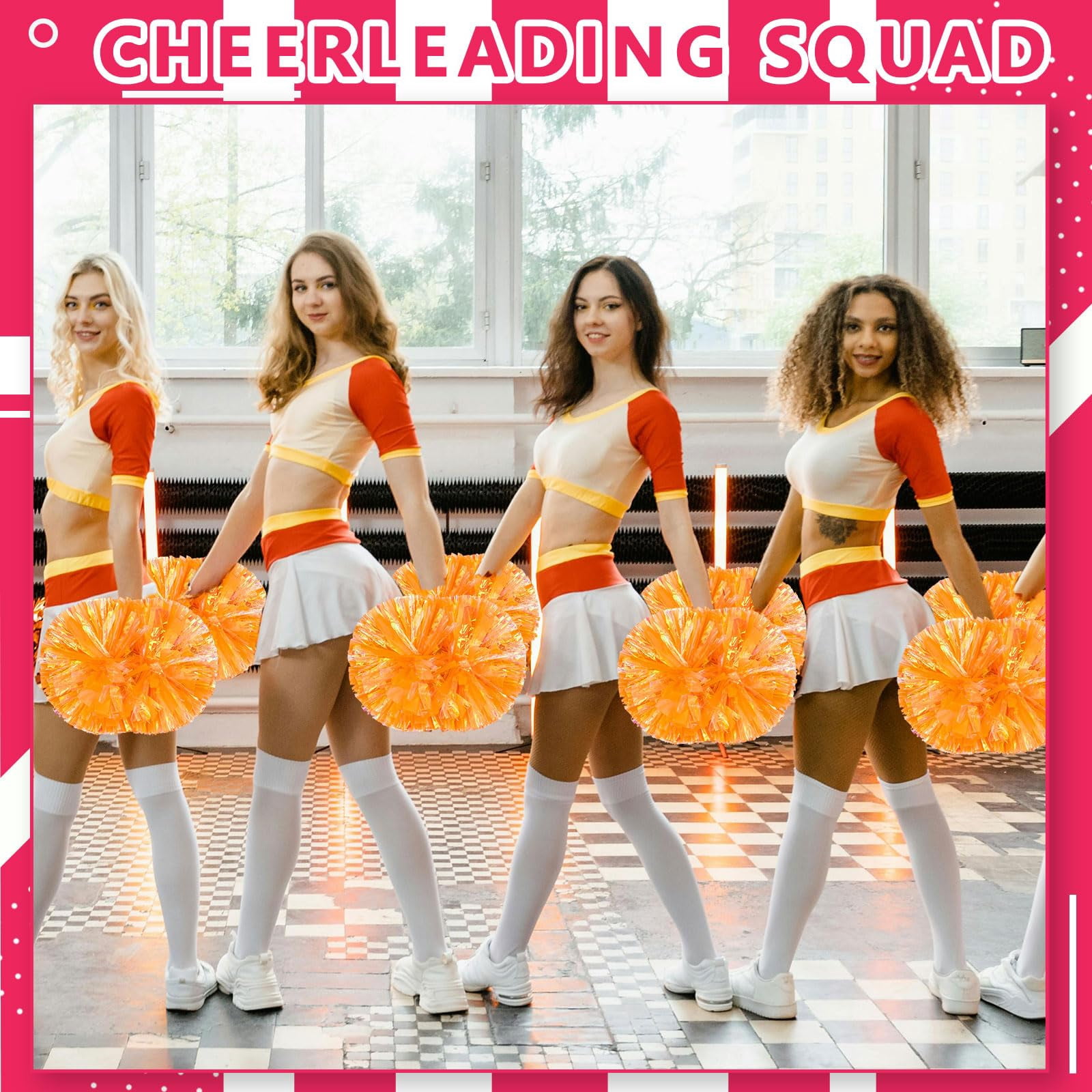 Cheerleading Pom Poms 14 Pcs with Handle Style, Handheld Squad Pompoms for Sports Team Cheer Spirit Games Dance Party Adults
