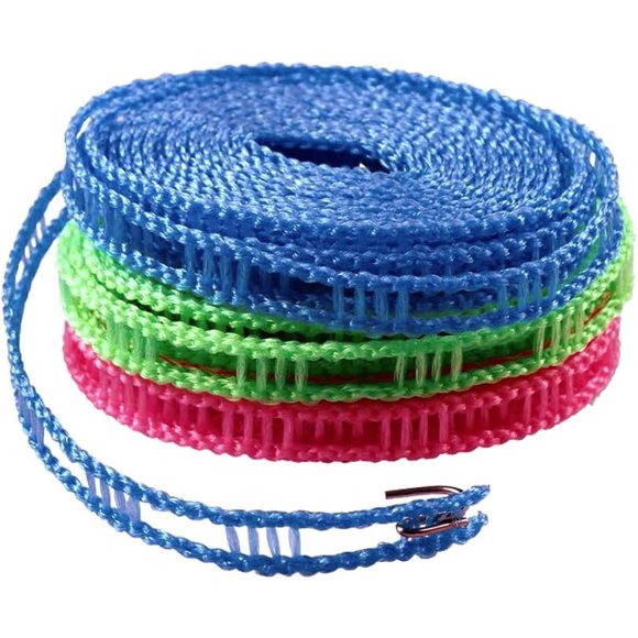 ORIJOYNA Lot de 3 Cordes à Linge de 16,4 Pieds, Corde à Linge Portable Colorée pour Voyage, Ajustable, Coupe-Vent, pour Camping, Voyage et Usage Domestique