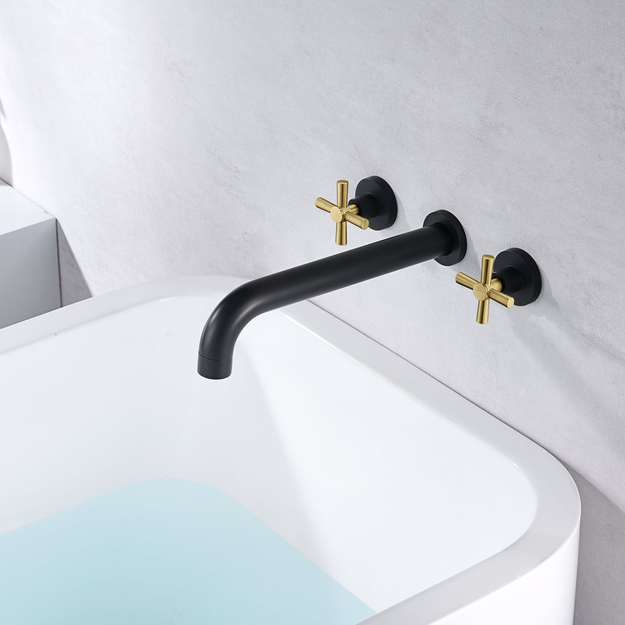 SUMERAIN Wall Mount Tub Faucet with 2 Cross Handles Black and Gold, Long Spout Reach High Flow