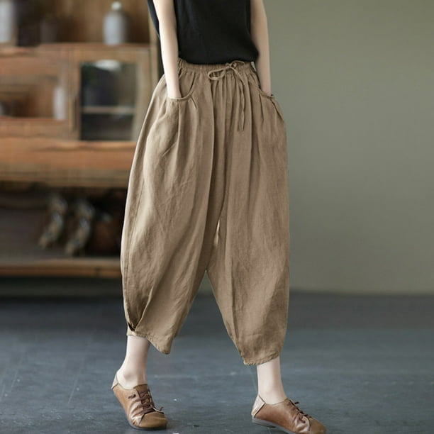WILLBEST Pantalones Casuales de Lino con Cintura Elástica para Mujer, Holgados, para Actividades de Verano Extra Grande