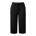 thumbnail image 4 of Tianiyouqing Womens High Waisted Linen Capri Pants with Pockets Petite Length Drawstring Wide Leg Pull on Gaucho Pants Elastic Waist Comfy Straight Leg Trousers Black S, 4 of 6