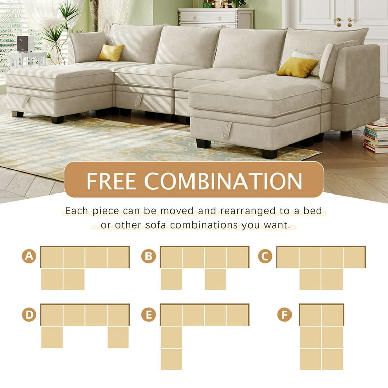 Seetaras Linen U Shape Modular Convertible Sectional Sofa with Ottoman Beige Walmart