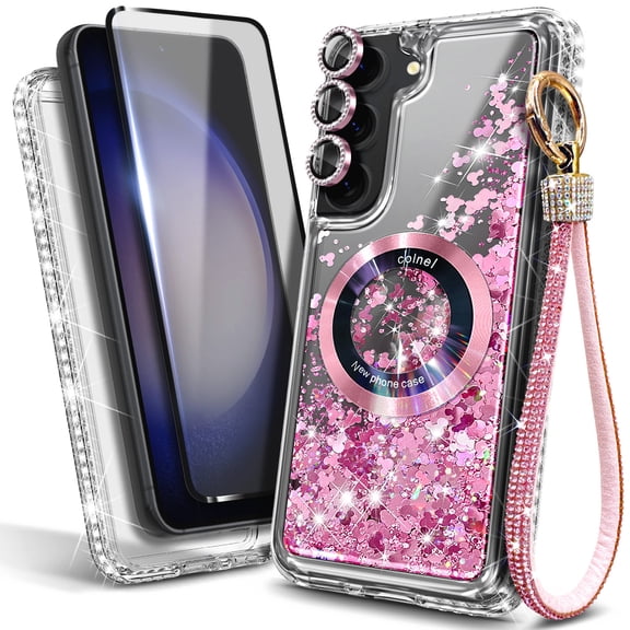 NageBee Magnetic Case for Samsung Galaxy S23 /S23 Plus | MagSafe Compatible | Jewel Camera Lens & Tempered Glass Screen Protector & Wrist Strap Lanyard | Glitter Floating Liquid Cover (Rose Gold)