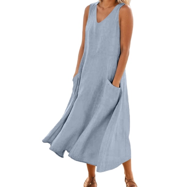 Vestido largo sin mangas con cuello en V y color liso para mujer: corte holgado, bolsillos, vestido informal cómodo para el día a día.