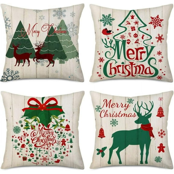 Merry Christmas Decorations Pillow Covers 20x20 Inch Set of 4 Vintage Wood with Christmas Tree Elk Deer Snowflake Xmas Gifts Throw Pillow Case Winter Red Green Home Decor Cushion Cover