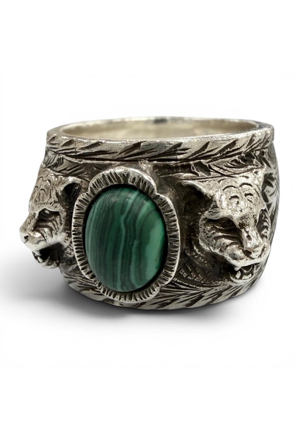 Pre-Owned GUCCI 461991 Arabesque Garden Cat Head AG925 Malachite Ring, Silver, Size 20, Made in...