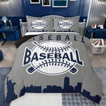Homewish Baseball Print Kids Full Size Comforter Sets, Cartoon Ball Game Bedding Comforter Set, Modern Sports Theme Reversible Bedding Sets, Grey Navy Lightweight Room Decor, 3pcs