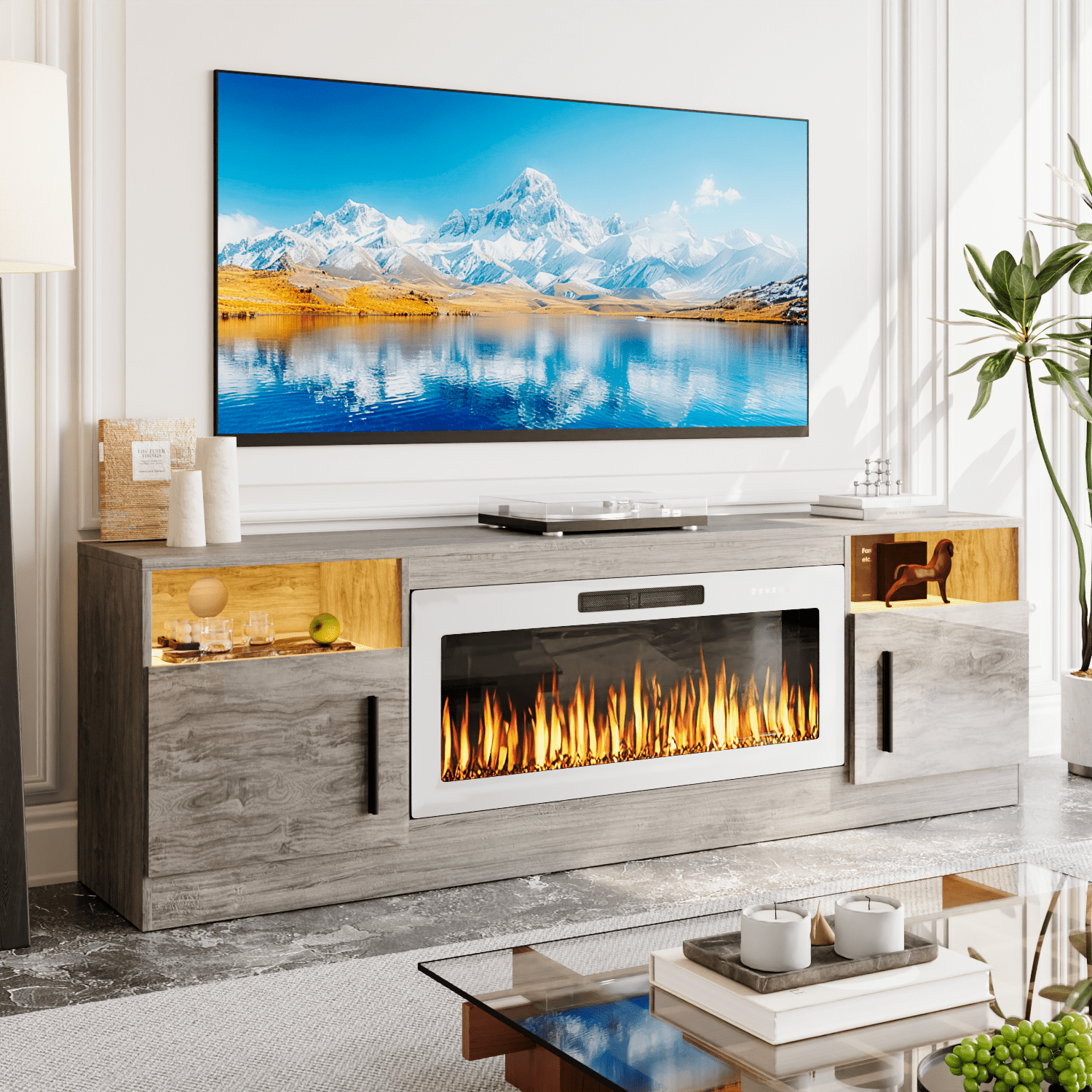 Gray TV Stand with White Fireplace