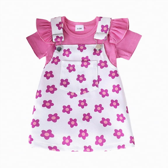 TOWED22 Baby Girl Clothes 2 Piece Set Short Sleeve Ribbed Flutter Sleeve Top Suspender Trousers Cute Summer Clothing Outfit(Hot Pink,6-9 M)