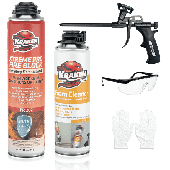 Kraken Bond Xtreme Pro Fire Block Foam Sealant (Foam Gun Included), High Heat Resistant, Waterproof, Orange, 24 oz, 1 Set
