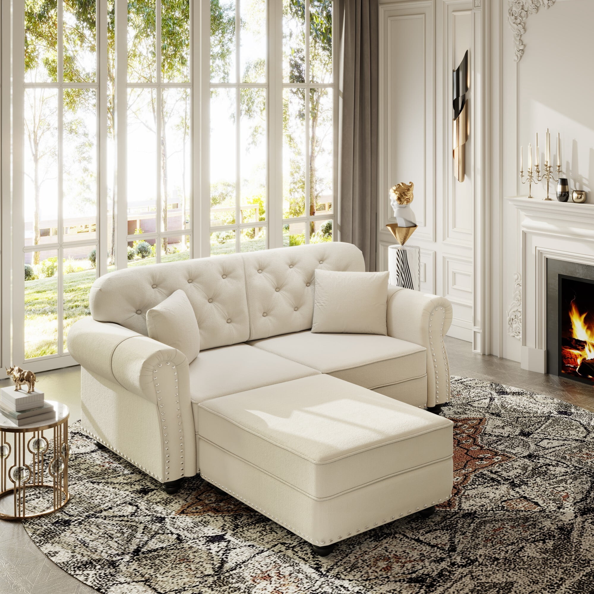 DEALTOPS 63 Inch Reversible Chesterfield Velvet Sectional Sofa with Ottoman, Tufted Nailhead Trim, Beige