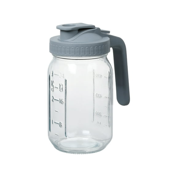 Novelinks Glass Pitcher with Gray Lid,32 Oz Wide Mouth Mason Jar Pitcher with Pour Spout Handle for Lemonade, Cold Brew Coffee, Ice Beverage, Iced Juice,Sun Tea, Fruit Drinks ,1 Pack