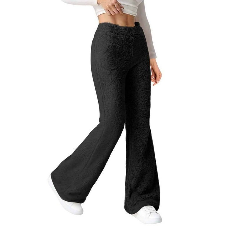 RYRJJ Womens Fuzzy Fleece Bootcut Flare Pants Elastic Waist Winter