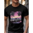 thumbnail image 3 of Camiseta de manga corta para hombre, estilo casual, con palmeras y coche negro, cuello redondo., 3 of 8