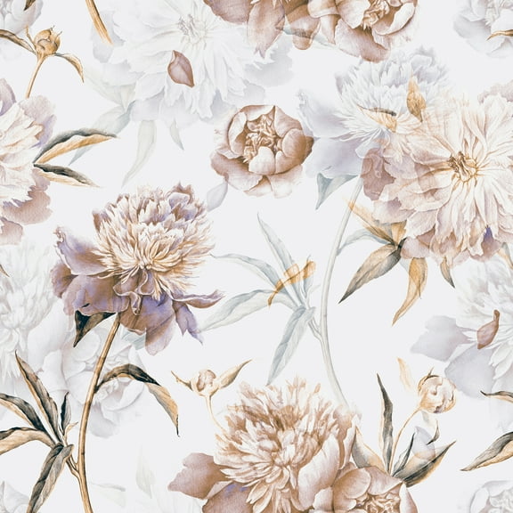 Hand Drawn Watercolor Peonies Peel and Stick Wallpaper 10'L x 24''W