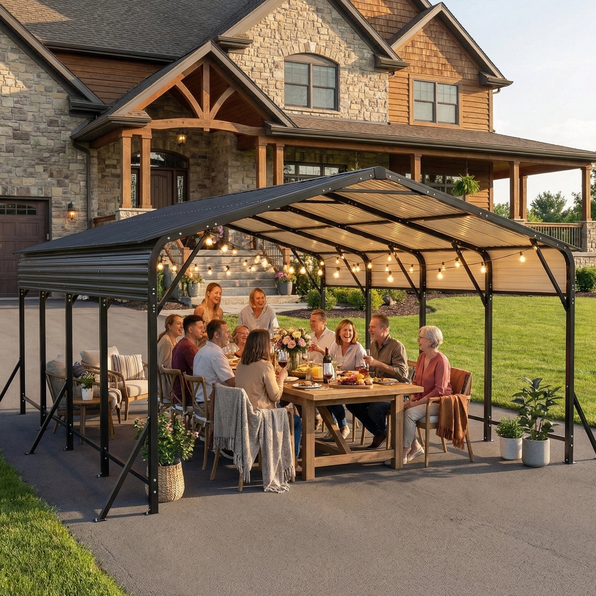 Taoruifang 20x20 ft Galvanized Steel Carport Canopy, Heavy Duty UV-Proof Waterproof Roof, Black