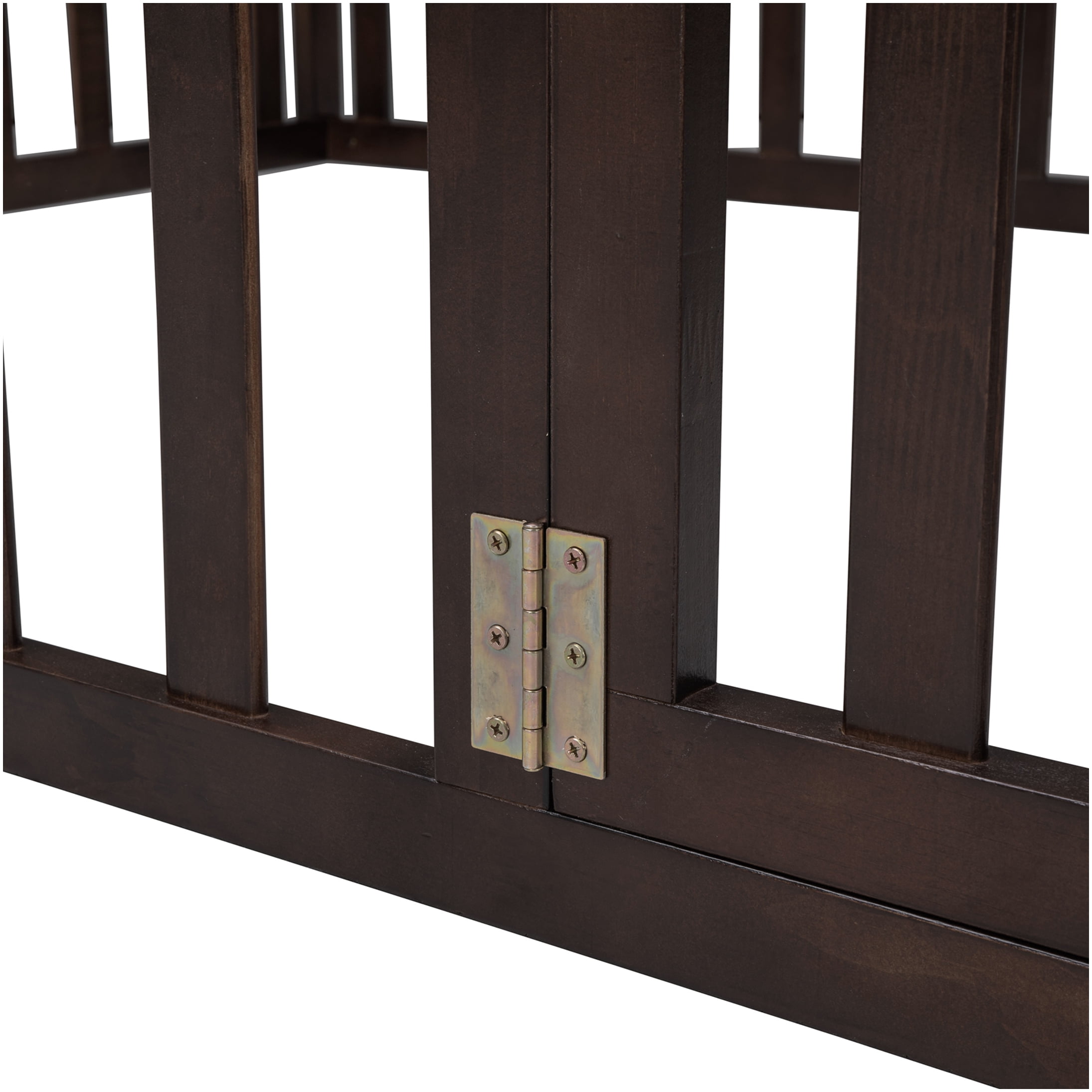 Full Size Floor Bed Frame with Safety Gate, Low Profile Platform Bed with Fence, Solid Pine Wood, Walnut Finish