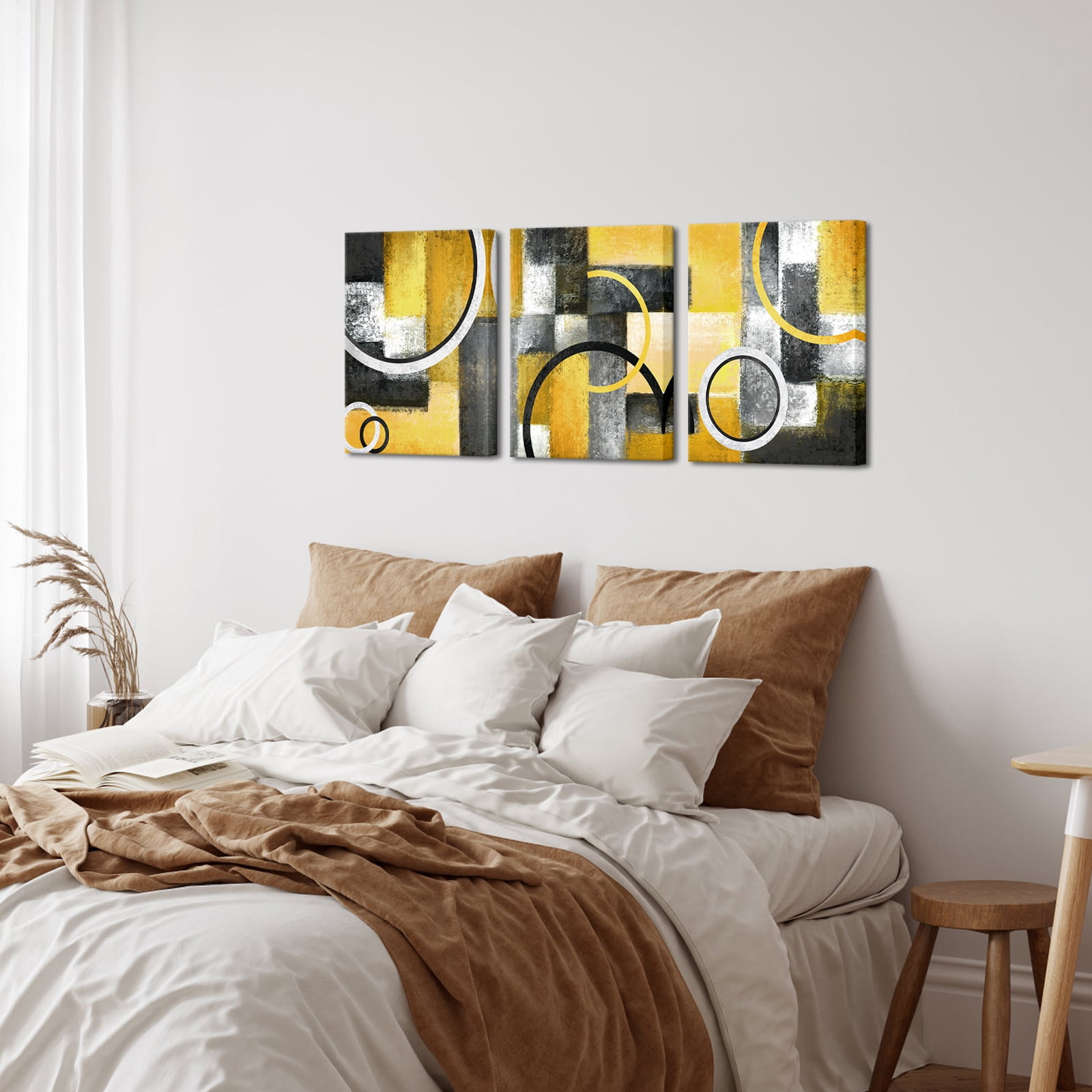 Visual Art Decor 3 Piece 12x16 inch Abstract Yellow Framed Canvas Wall Art Clearance Picture Canvas Prints Modern Art Wall Decor for Living Room Bedroom Office