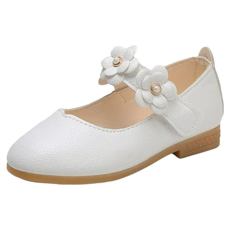 eileial Girls Dress Shoes Toddler Flower Girl Low Heels Mary Jane Flat for School Uniform Wedding(White 6-7 Years)
