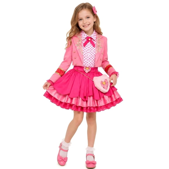 Guvpev G'irls Halloween Princess Costume, Pink Princess Dress Full Set with Heart Print Jacket, Shirt, Layered Skirt & Fuzzy Bag, Halloween Cosplay Outfits for Birthday Party & Fancy Dress Up
