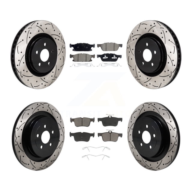 Transit Auto Front Rear Coated Drilled Slotted Disc Brake Rotors and Ceramic Pads Kit for Car 2019 Ford Edge ST with 2.7L with Red Painted Calipers KDC-101215