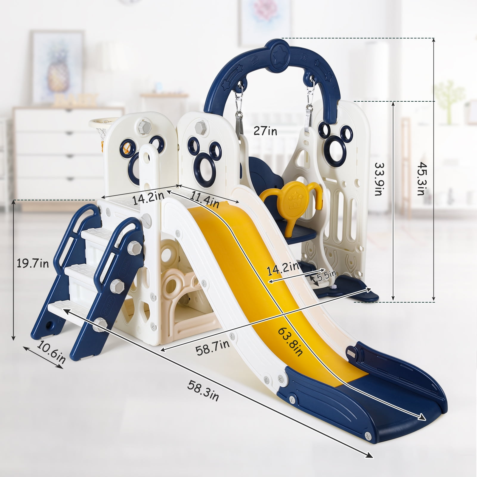 LAZY BUDDY 5-in-1 Slide and Swing Set for Toddlers, Kids Slide Climber Playset with Basketball Hoop, Indoor/Outdoor Playground