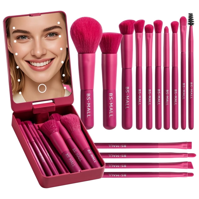 Set de brochas de maquillaje BS-MALL Travel con espejo con luz LED, 14 unidades