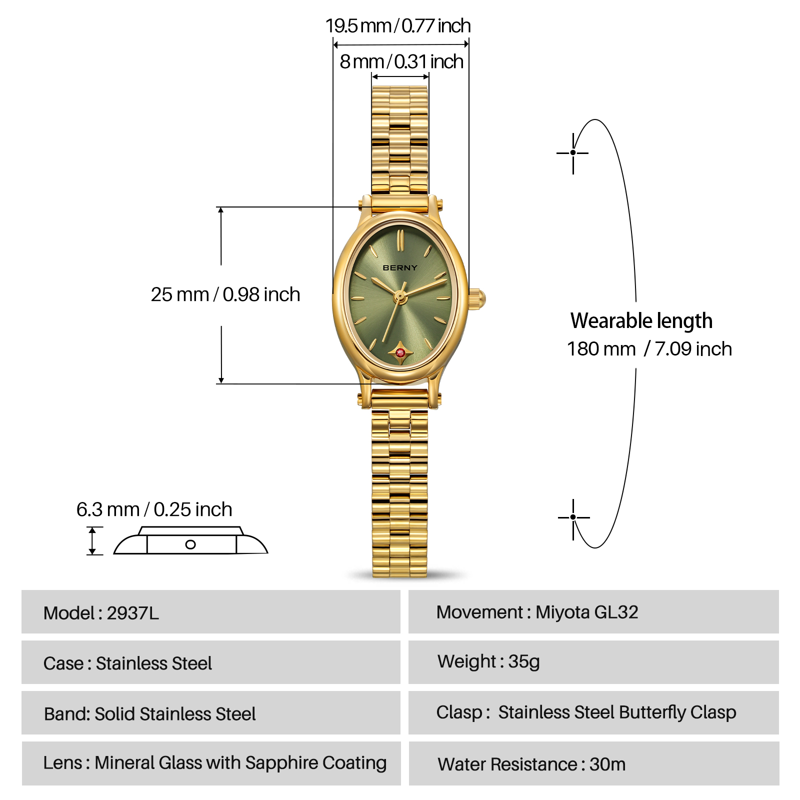 BERNY Small Gold Watches for Women, Dainty Luxury Oval Sunray Dial, Stainless Steel Bracelet Watch, Adjustment Tool Included, Waterproof, Fashion Ladies Analog Quartz Wrist Watch Gifts (Light Green)