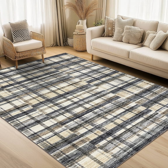 HIWEAVER Blue Beige 9' x 12' Neutral Plaid Area Rug for Living Room Washable Non Slip Modern Indoor Carpet for Bedroom Decor Farmhouse