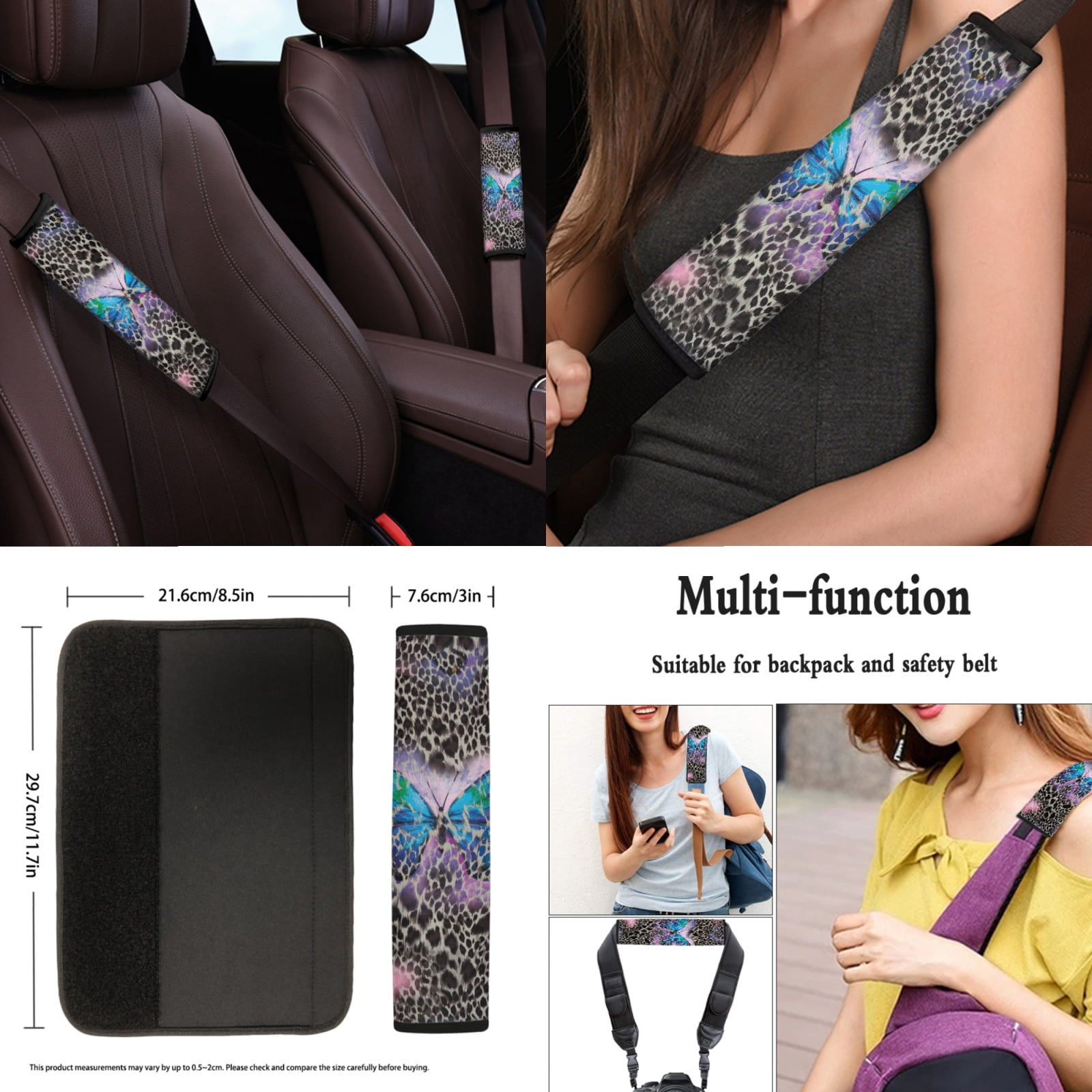 Renewold Blue Butterfly Leopard Print 11 PCS Car Seat Cover Set for Men Women, Breathable Front Rear Seat Protector with Steering Wheel Cover Seat Belt Cover Cup Holder Key Ring Car Accessories