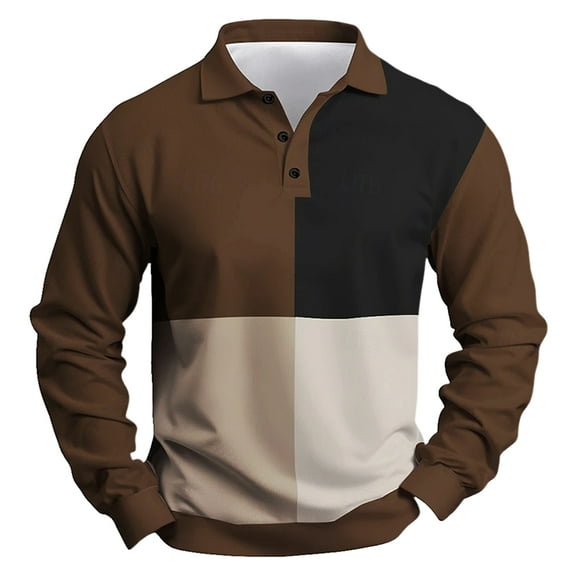 QHRMKOG Polo Long Sleeve Shirts for Men Comfort Color Block Golf Shirts Loose Fit Collared Golf Tshirt Fashion Tops Brown M