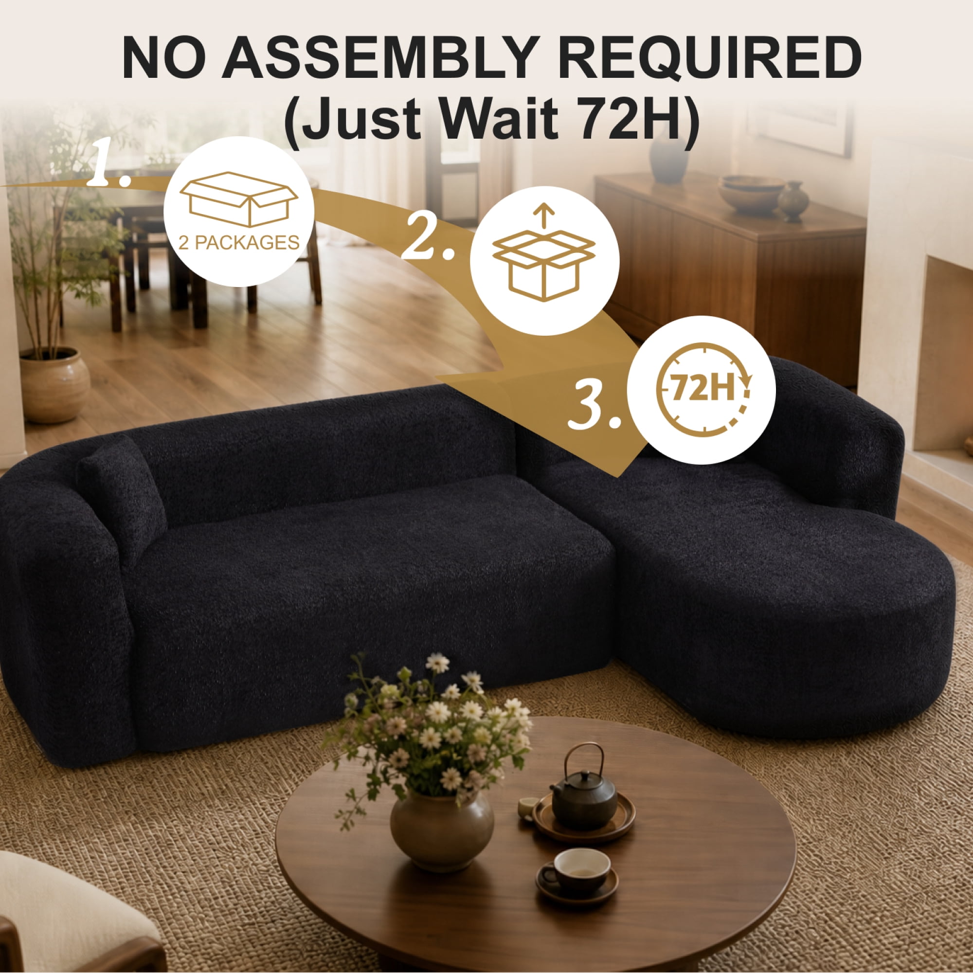 Leumius 109.4" Sectional Couch with L-Shaped Chaise, Boneless Modular Sectional Sofa for Living Room, Bedroom(Right- Black)