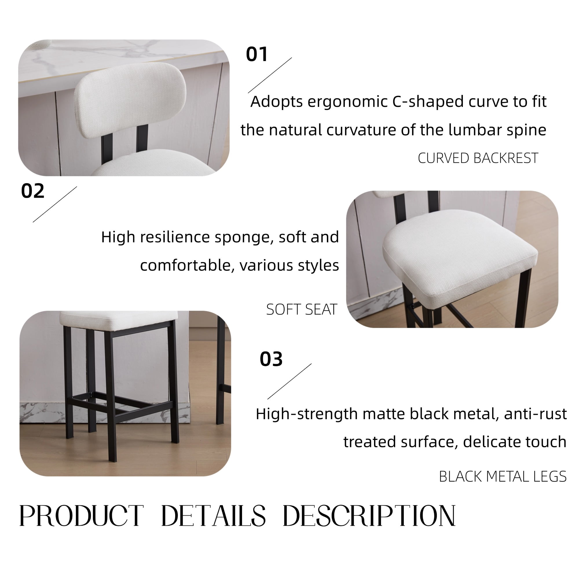 Upholstered Counter Height Bar Stools Set of 2 26 Inch with Plush Cream Fabric Cushion and Black Metal Legs for Kitchen Island