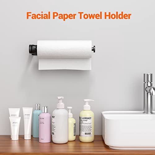 Under Cabinet Paper Towel Holder, Single-Hand Operated Wall Mount with Damping Effect, Self-Adhesive or Drill Installation for Kitchen and Bathroom, Black