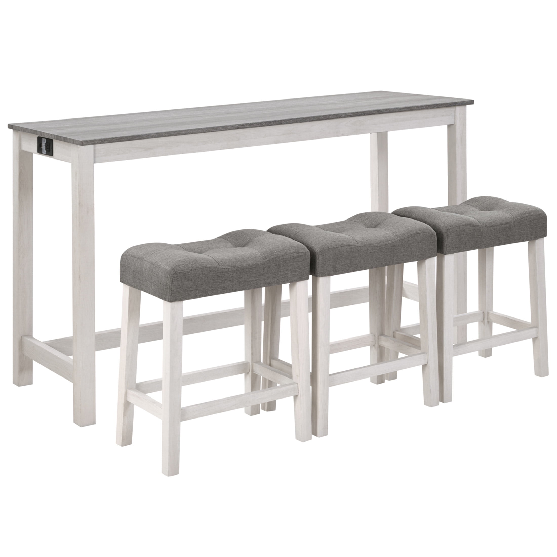 Noble House 35.5"H Dining Bar Table Set with Power Outlet, Upholstered Counter Stools for 3, Gray+White Finish