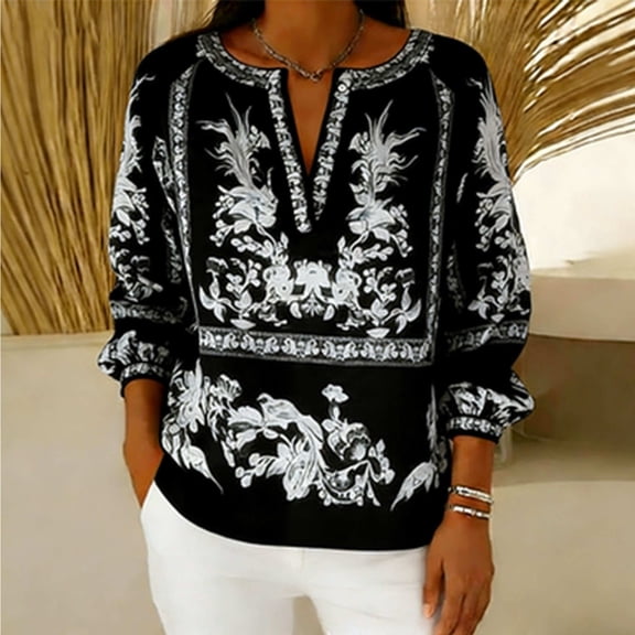 Womens Linen Tops Summer Casual Loose 3/4 Sleeve Shirts for Beach Vacation Trendy Print V Neck Blouses Tops Black XXL