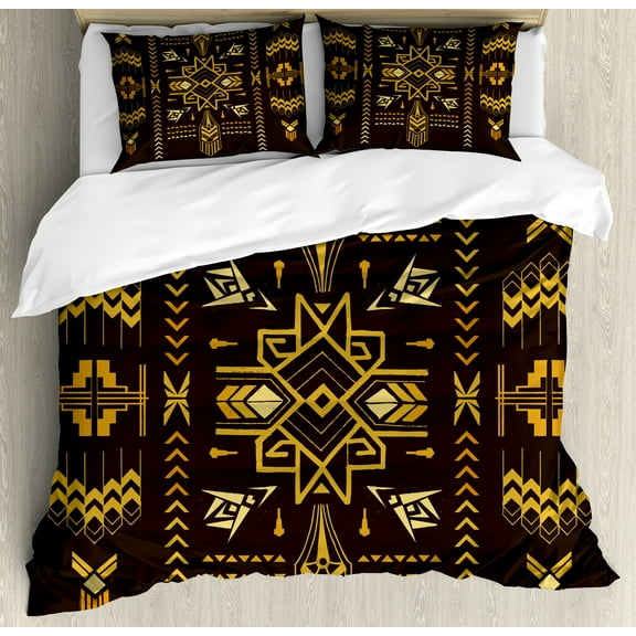 Geometric Duvet Cover Set, Tribal Hand Drawn Vintage Aztec Background in Vector Illustration Print, Decorative 3 Piece Bedding Set with 2 Pillow Shams, King Size, Dark Brown Mustard, by Ambesonne