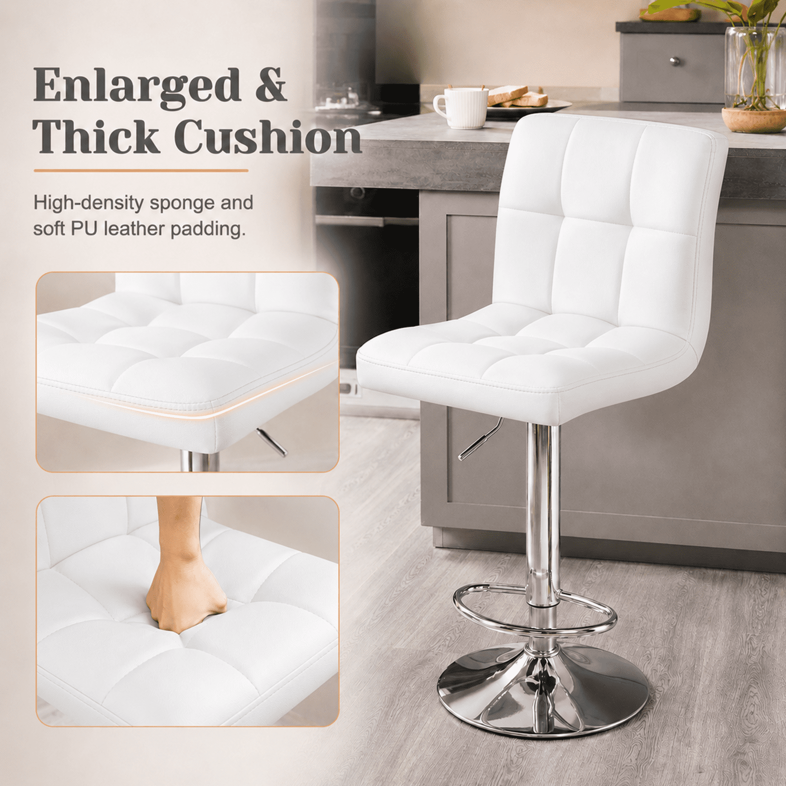 Alvantor 2-Pack Bar Stools, PU Leather Height Adjustable Swivel/ Armless Barstools, Hydraulic Kitchen Counter Height Bar Chairs, Made of Waterproof Polyurethane Leather Material