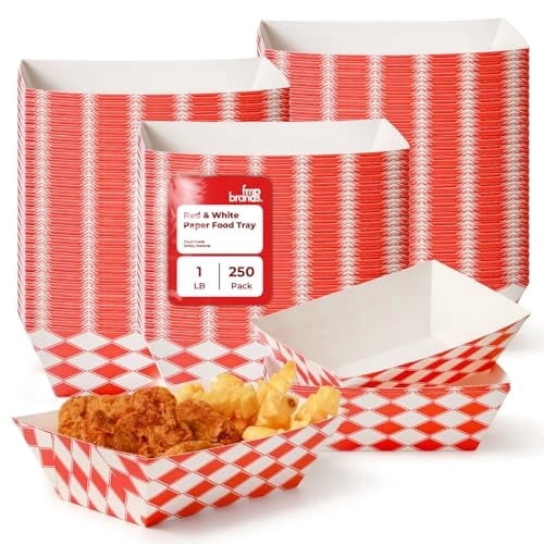 Fit Meal Prep [250 Pack 1 lb Paper Food Boats Heavy Duty Disposable Food Trays, Red Check Nacho Tray for Parties Fairs Picnics Carnivals, Holds Sause Candies Nut Grease Resistant