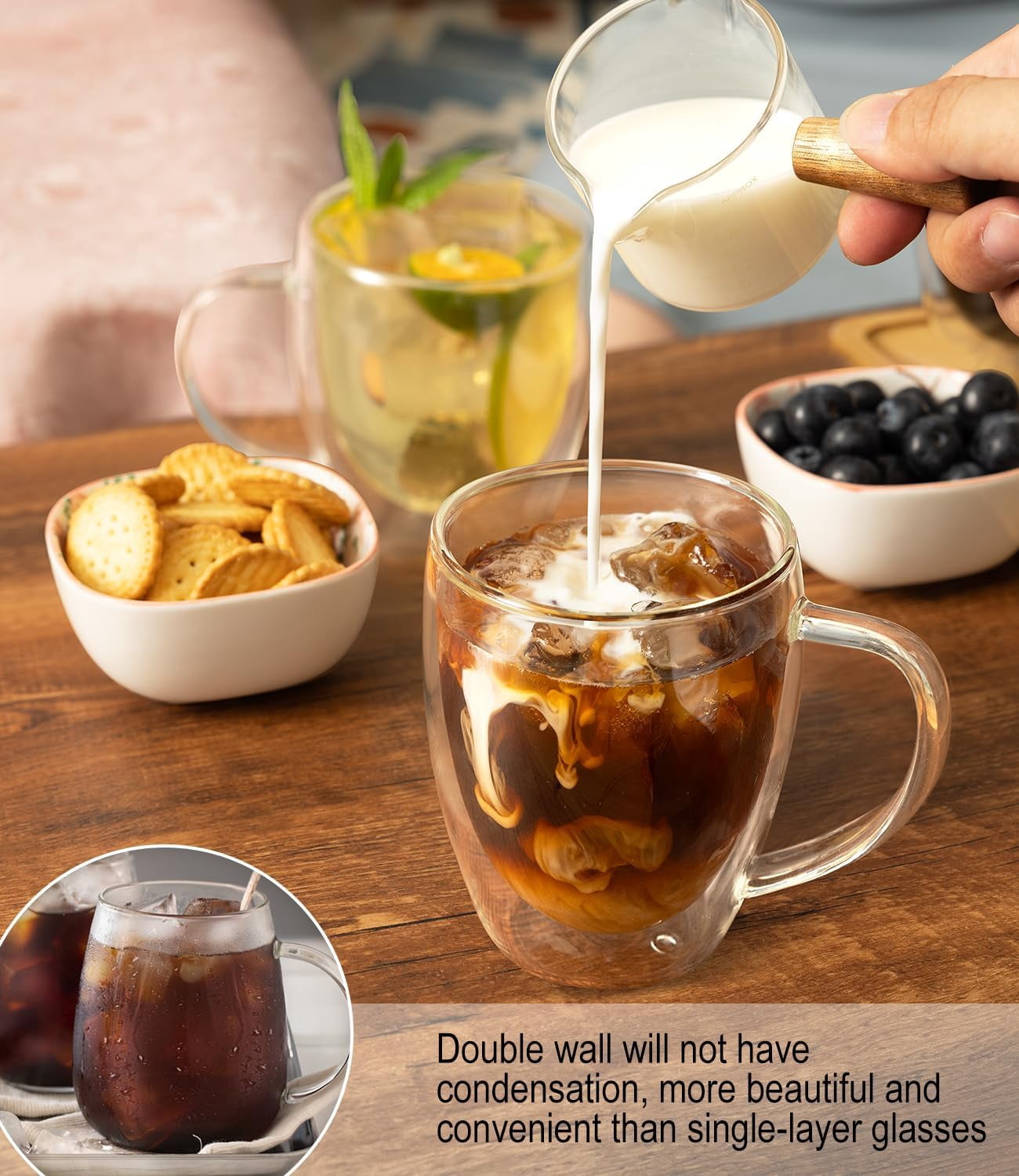 Double Walled Glass Coffee Mugs Set of 5, 12.5OZ Hand Blown Insulated Clear Glass Coffee Cups with Handle,Perfect for Latte,Cappuccino, Espresso, American,Tea Bag, Beverage