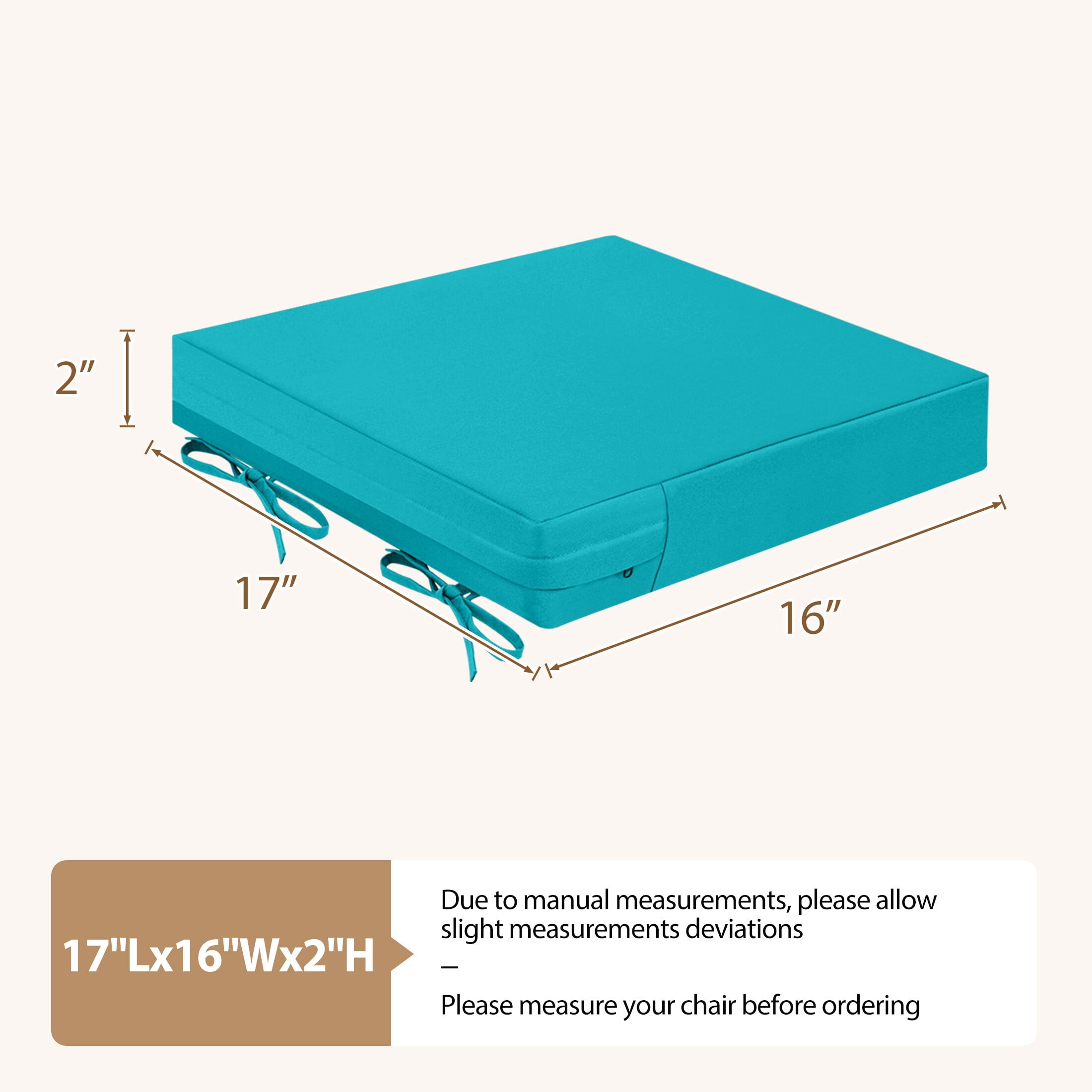 Outdoor Square Seat Cushion for Patio Furniture Dining Chair Pad Replacement, 17 x 16, Set of 2, Turquoise Blue