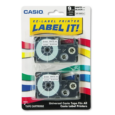 Casio Tape Cassettes for KL Label Makers, 9mm x 26ft, Black on White, 2/Pack