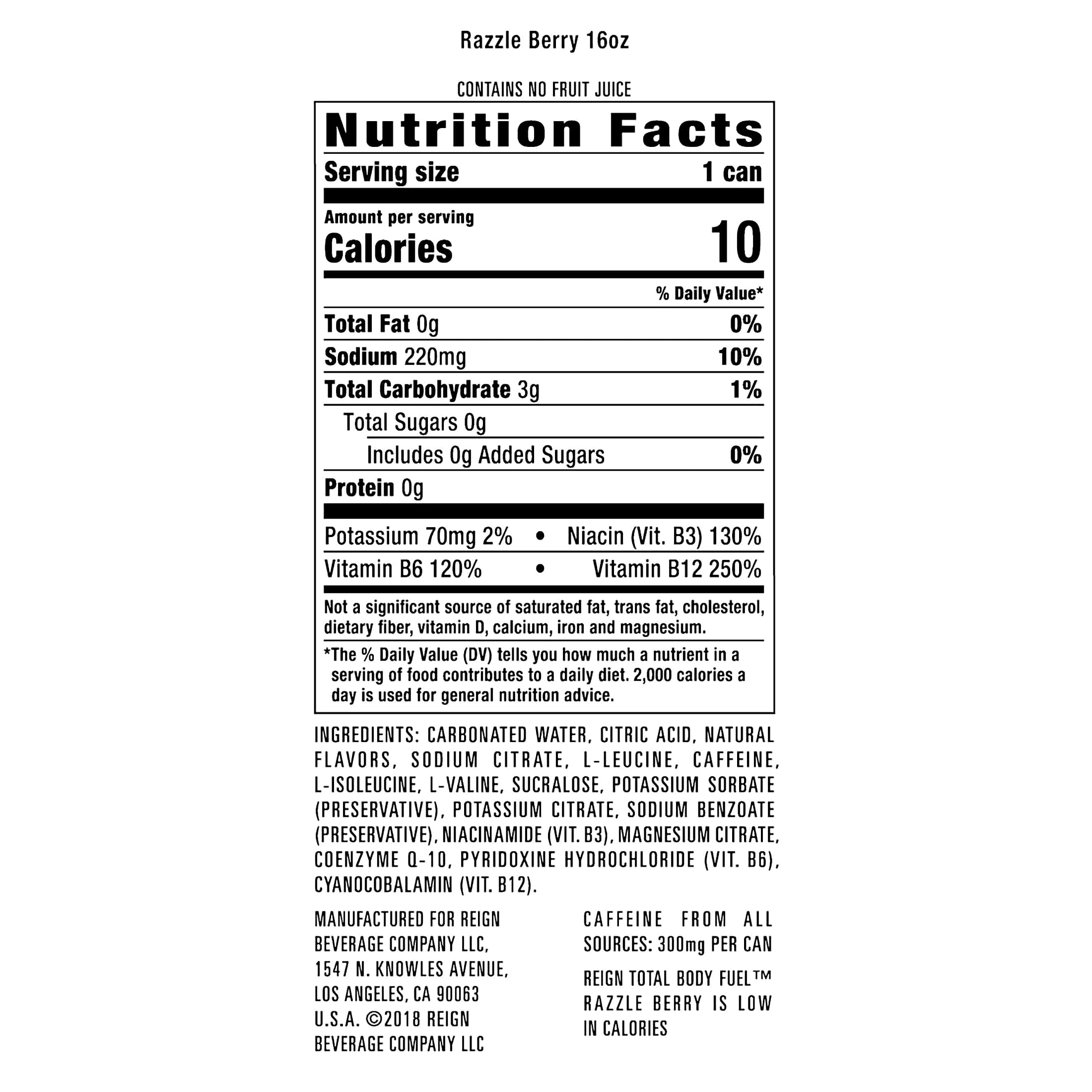 Reign Total Body Fuel, Razzle Berry, Fitness & Performance Drink, 16 Ounce (Pack of 12)