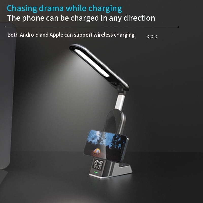 7-in-1 Smart Wireless Charging Station with Eye-Care Desk Lamp & Digital Alarm Clock, 15W Fast Charger for iPhone17/ 16/15/14/13, Apple Watch 1-9/Ultra/SE, AirPods Pro, 180° Foldable Desktop Organiz